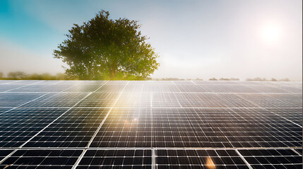 Aerial view of solar panels in a large solar farm with sunlight reflections and green trees in the background