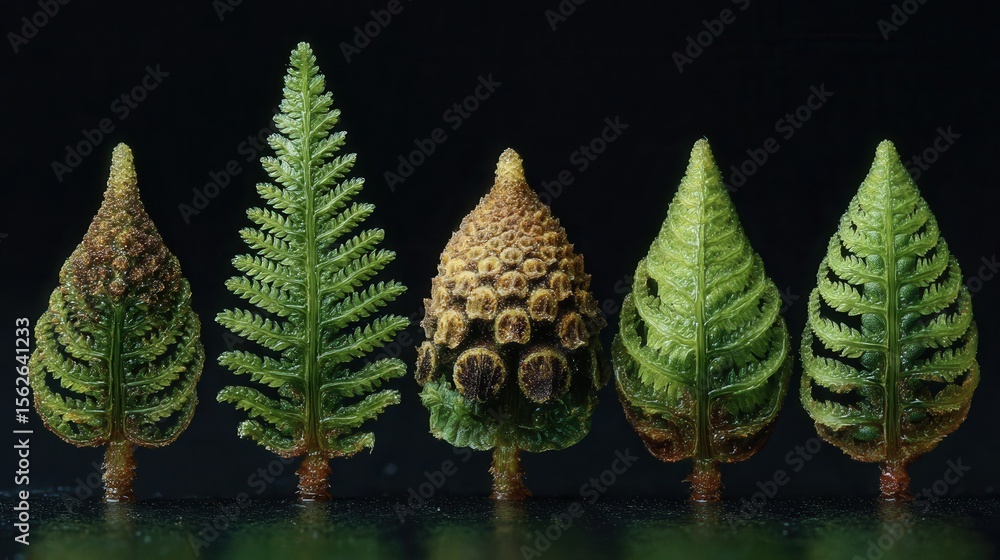 Poster diverse green ferns displaying unique shapes and textures