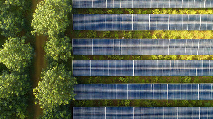 Aerial view of solar panels in a large solar farm with sunlight reflections and green trees in the background