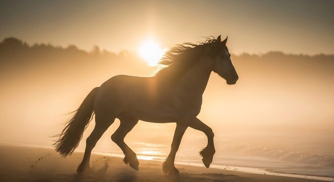 A horse gallops on a beach at sunset, its mane flowing in the wind against a golden sky. - Powered by Adobe