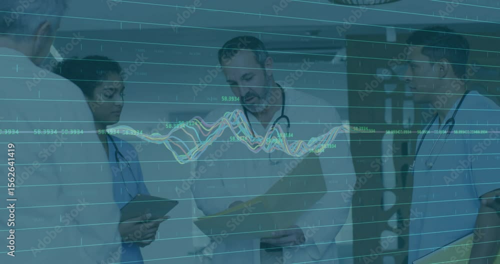 Poster doctors scrolling tablet and pointing chart while waveform overlay intensifying patient data review