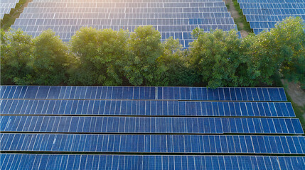 Aerial view of solar panels in a large solar farm with sunlight reflections and green trees in the background