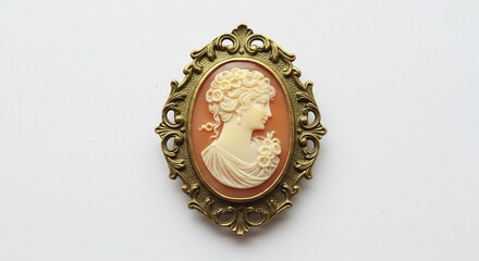 Elegant cameo brooch subtly glows soft light intricate brass frame. AI Generated