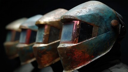 Vintage Industrial Helmets with Weathered Patina and Reflection
