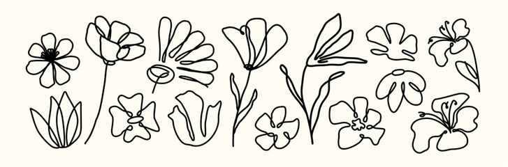 Flowers silhouette. Line art. Brush. Charcoal, crayon. Drawing. Scribble. Abstract ink. Grunge texture. Trendy minimalism shape. Botany plant. Pencil. Floral. Simple elements. Editable stroke. Doodle
