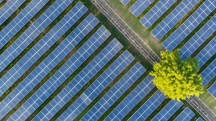 Aerial view of solar panels in a large solar farm with sunlight reflections and green trees in the background