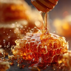 Golden Honeycomb Dripping with Sweet Honey on a Warm Wooden Table Surrounded by Beeswax and Natural Light, Representing Nature's Pure Delight and Wellness Benefits