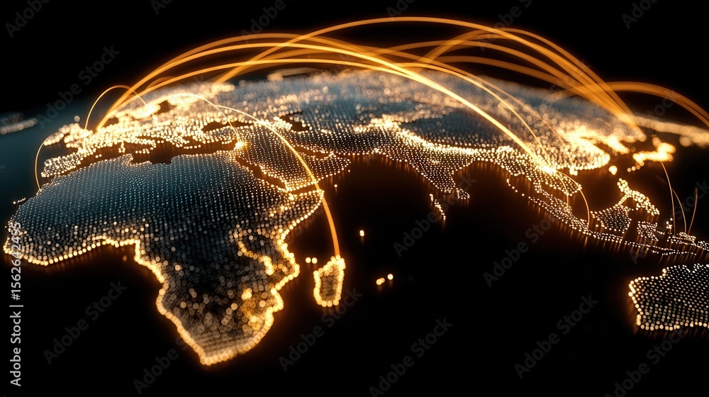 Poster digital world map with glowing lines and data connections