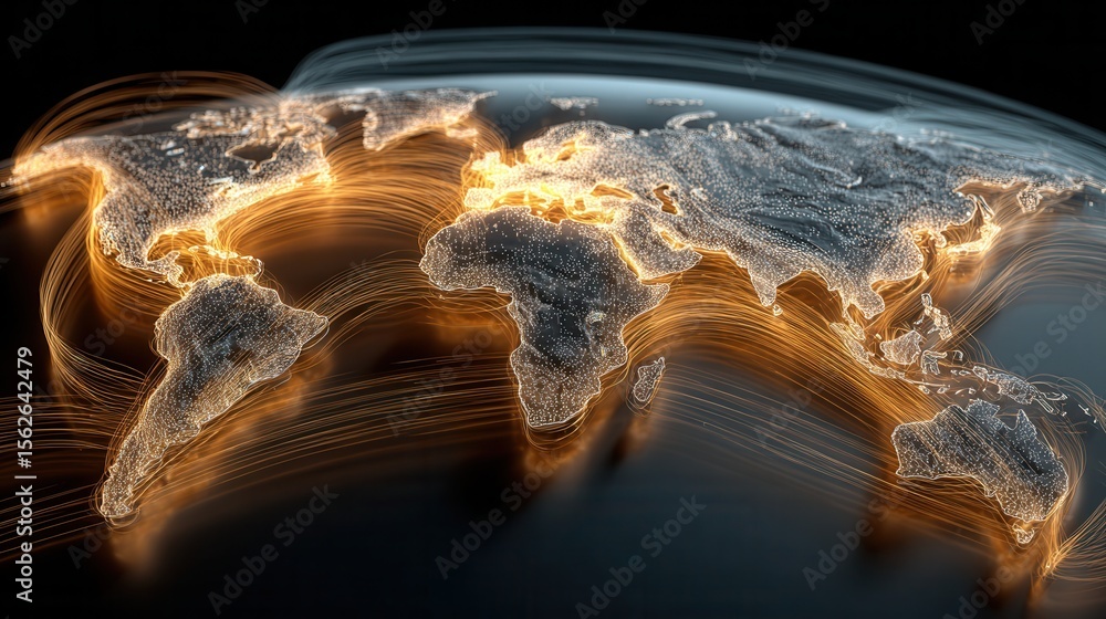 Aufkleber illuminated global network with flowing light trails across map