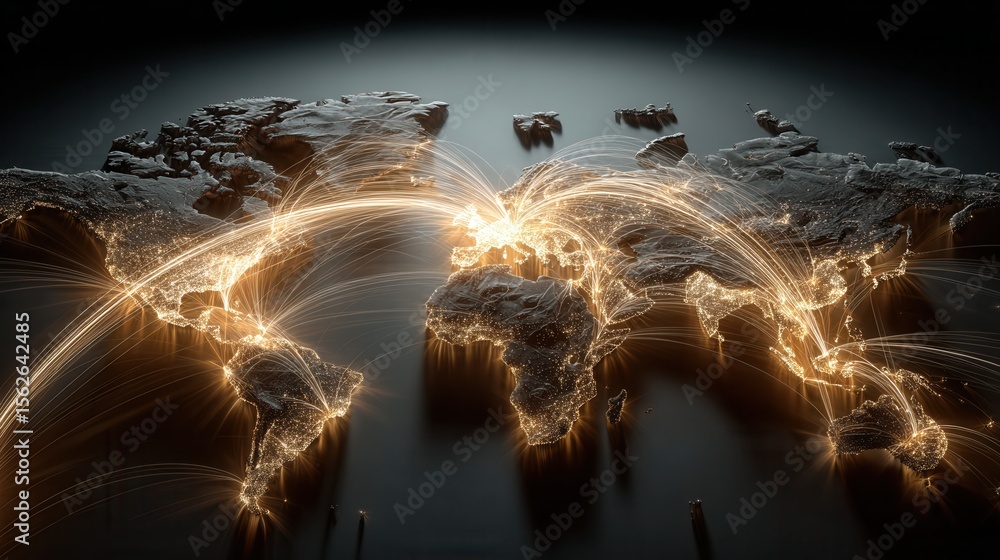 Poster global connectivity concept with light trails and world map