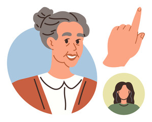 Elderly woman with gray hair and bun smiling warmly, raised hand suggests emphasis, smaller profile of an anonymous person. Ideal for communication, respect, wisdom, diversity, teaching, social
