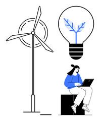 Wind turbine, eco-themed lightbulb with leaf design, person working on a laptop. Ideal for clean energy, sustainability, innovation, technology, eco-friendly, environmental responsibility simple