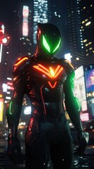 Futuristic armor character in a city at night