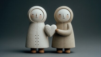 Wooden figurines holding heart symbolizing love and togetherness
