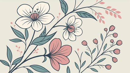 The image features a floral design with flowers and leaves in muted pinks, whites, and greens against a beige background, with social media-like metrics displayed below.

