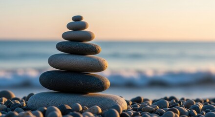 Serene stacked pebbles on a tranquil beach at sunrise