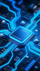 Fototapeta premium Close-up of a glowing circuit board with a central processor chip