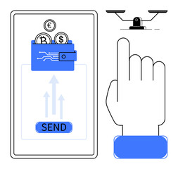 Digital wallet with Bitcoin, Euro, Dollar coins on smartphone screen, send button, weighing scale, hand gesture. Ideal for finance, cryptocurrency, e-commerce balance decision-making fintech