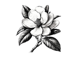 Vintage botanical sketch Magnolia Tree, hand-drawn engraving, magnolia bloom, floral art, nature decor, retro print, wood engraving, black sketch, old engraving style, rustic wall art © Vintage studio