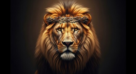Fototapeta premium Majestic Lion Wearing Crown of Thorns Symbolizing Royalty Strength and Sacrifice