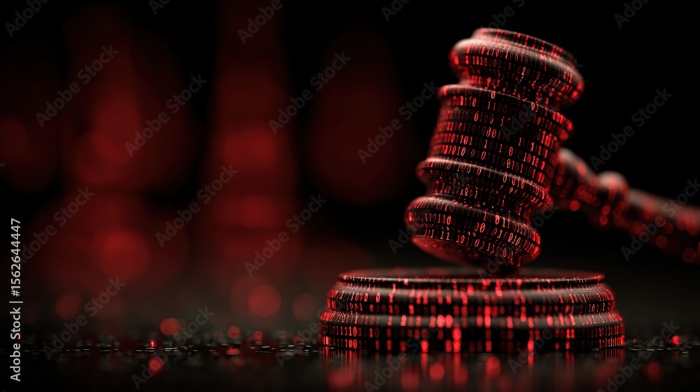 Wall mural futuristic digital law concept featuring luminous gavel and balancing scales constructed from cascad