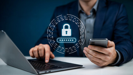 Securing digital access with a password protected account on a laptop, highlighting cybersecurity through a visual representation of safety measures and encrypted authentication using a mobile device.