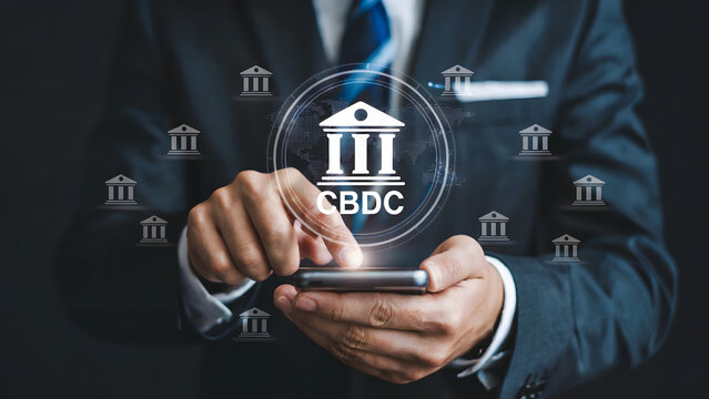 Businessman uses mobile to connect with CBDC digital currency, navigating a network of central bank digital currencies and blockchain technology in finance.