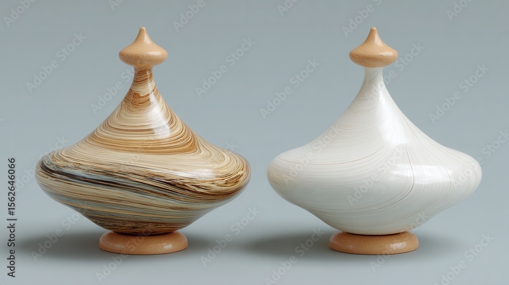 Poster elegant wooden spinning tops with unique patterns and colors