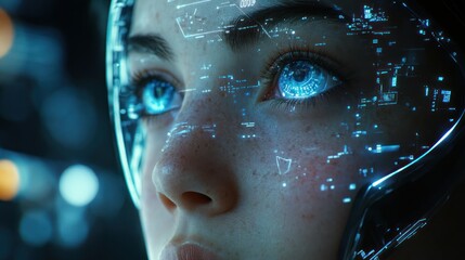 Futuristic Female Vision: Augmented Reality Interface Overlaying a Woman's Face