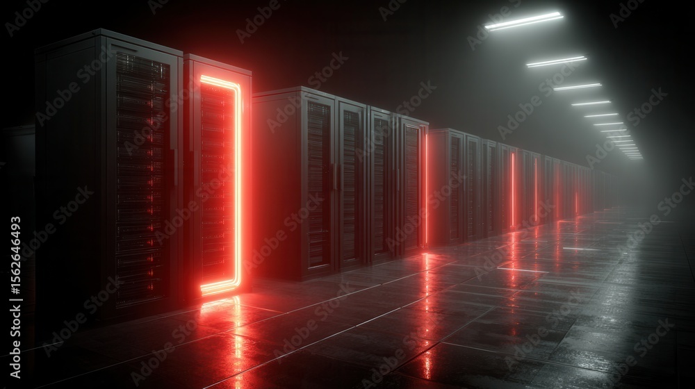 Aufkleber futuristic data center with glowing server racks in dark environment