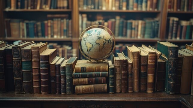 Atmospheric image depicting classic books and a globe in an old-fashioned library