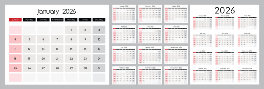 Calendar 2026 January template clipart set. 2026 calendar of 12 months lay out clip art collection with table and column pages decoration vector illustration. 
