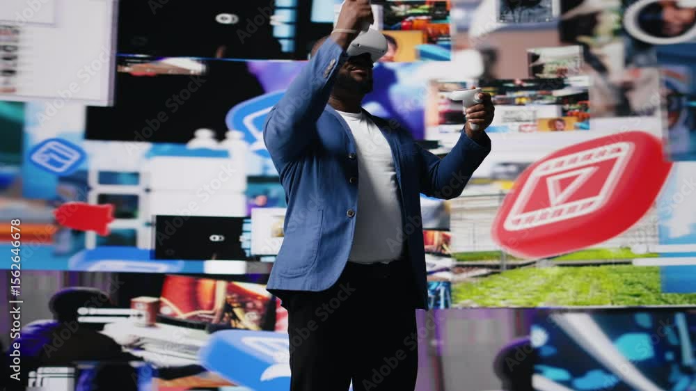 Aufkleber african american influencer using virtual reality glasses in mobile apps world, examining cloud data