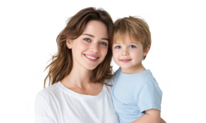 A joyful mother holding her smiling toddler. both with bright expressions. in a minimalistic indoor setting with soft lighting. perfect for family-oriented content and stock photography