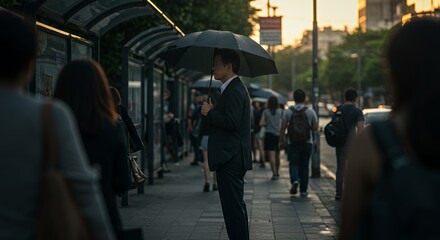 A businessman waits patiently under an umbrella at a city bus stop during a light rain shower, the golden hour light casting a warm glow on the scene.