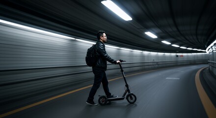 Young man rides an electric scooter through a modern, brightly lit tunnel, enjoying a fast commute.