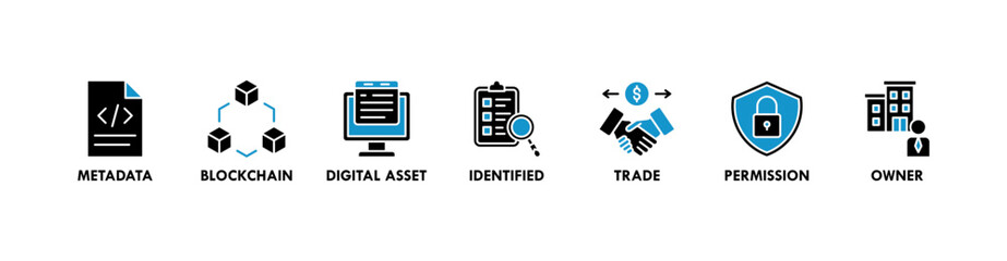 Nft banner web icon vector illustration concept with icon of metadata, blockchain, digital asset, identified, trade, permission and owner