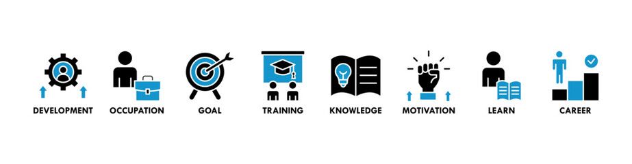 New skills banner web icon vector illustration concept with icon of development, occupation, goal, training, knowledge, motivation, learn and career