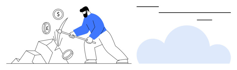 Man using a pickaxe to mine coins from rocks, representing effort and earning. Ideal for finance, investment, economy, resource extraction, savings, success persistence. A simple flat metaphor