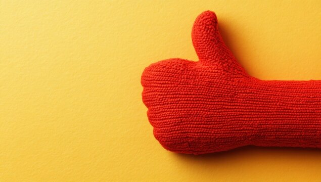 Red Knitted Thumbs Up Hand Against Yellow Background