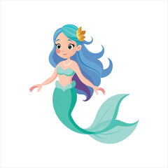 A cartoon mermaid with blue hair and a green tail isolated on white background