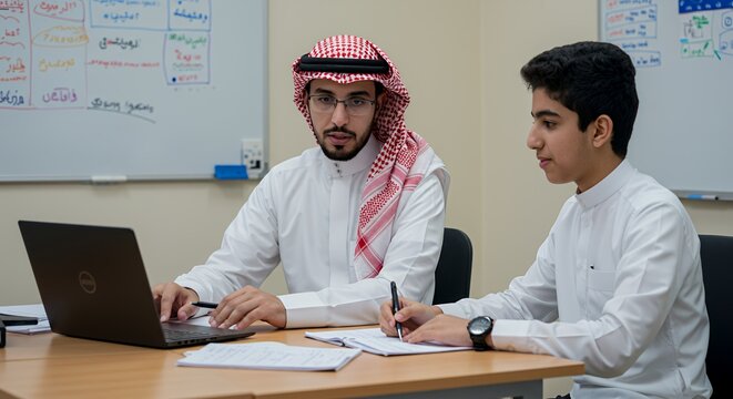Two young men collaborate on a laptop, engaged in focused discussion and note-taking during a study session. - Powered by Adobe
