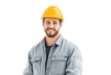 A confident construction worker wearing a yellow hard hat and dark work uniform poses for the camera against a plain white background. embodying professionalism and safety in the construction industry