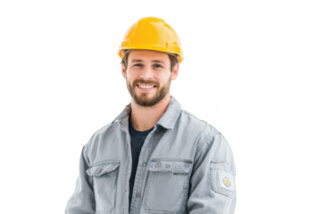 A confident construction worker wearing a yellow hard hat and dark work uniform poses for the camera against a plain white background. embodying professionalism and safety in the construction industry