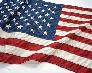 Fototapeta premium Close up view of an american flag with white stars and red and white stripes on a white background