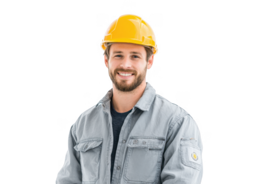 A confident construction worker wearing a yellow hard hat and dark work uniform poses for the camera against a plain white background. embodying professionalism and safety in the construction industry