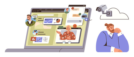 Person thinking about data security as laptop shows shared profiles, analytics, videos, and cloud-linked surveillance camera. Ideal for online safety, privacy, cybersecurity, data sharing, analytics