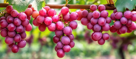 Vineyard bounty: Clusters of ripe red grapes hanging gracefully in verdant light