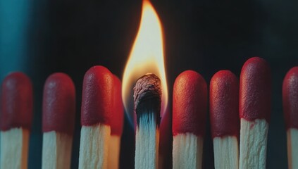 Burning matchstick among others, dark background, leadership concept, stock photo