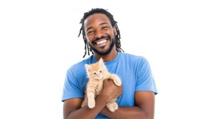 A joyful man with dreadlocks smiles while holding an orange kitten close to his chest. set against a clean white background. capturing a moment of affection and companionship